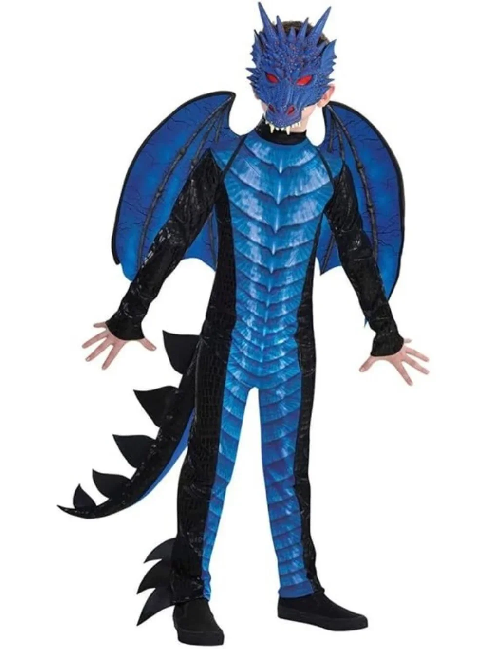 Deadly Dragon Kids Costume Black Blue scales Mask Tail Wings Halloween Boys XL - Picture 2 of 6